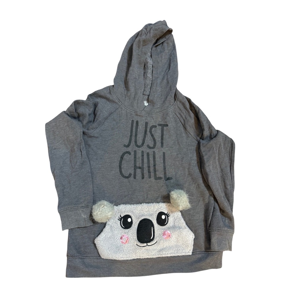 Justice Girls Gray Just Chill Koala Fuzzy Pocket Pullover Hoodie Sweatshirt Sz 8